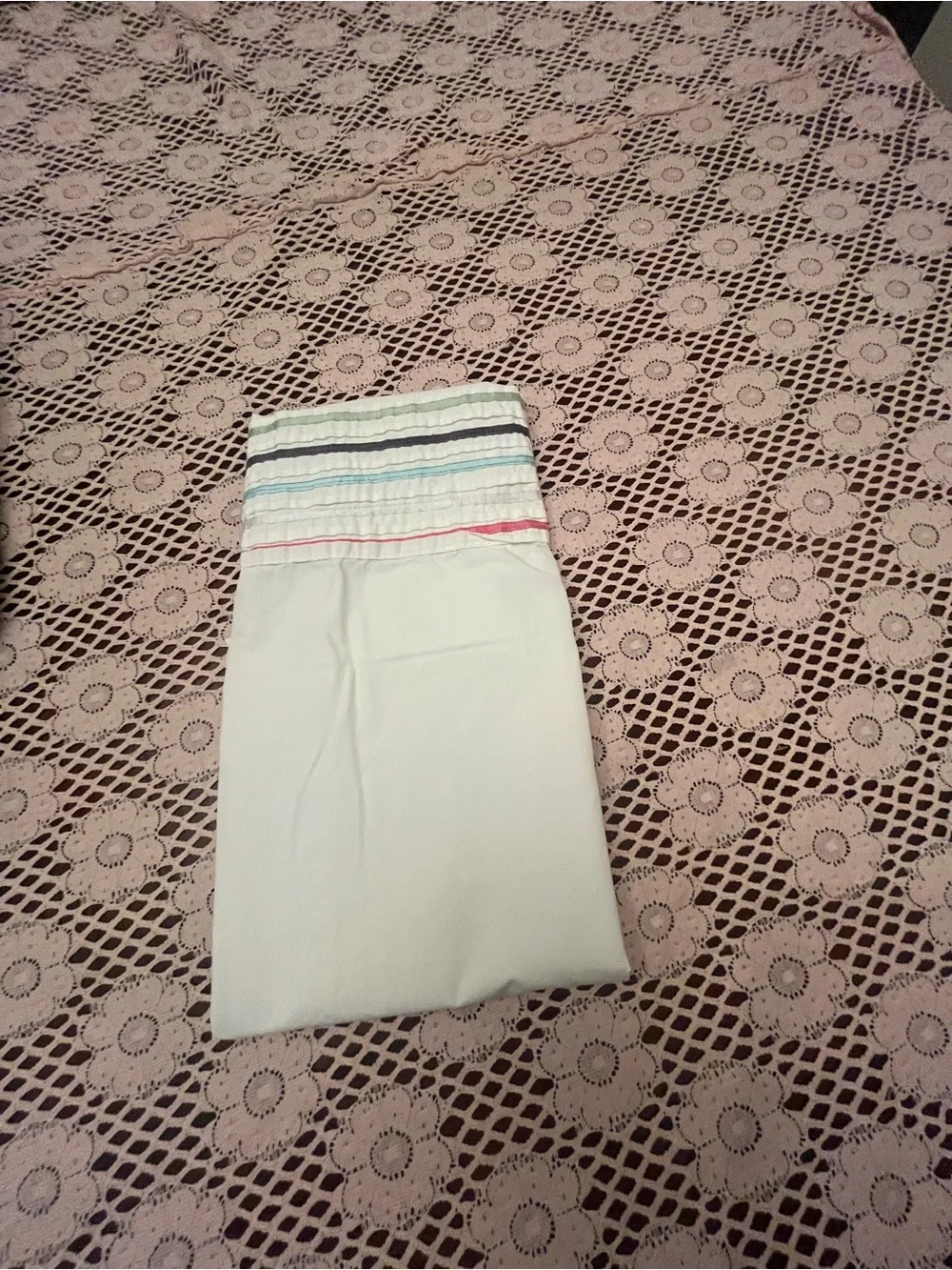 Light Mint Cotton Pillowcase with Multicolor Striped Hem